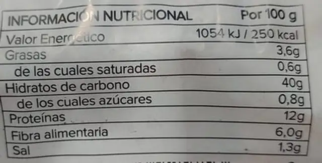 Pan integral Cristallino nutrition facts table