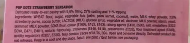 Popdots filled strawberry ingredients label