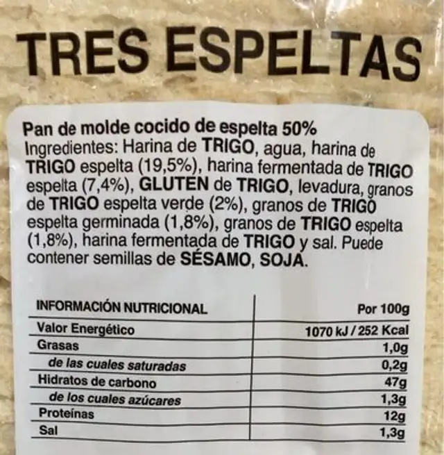 Tres espeltas nutrition facts table