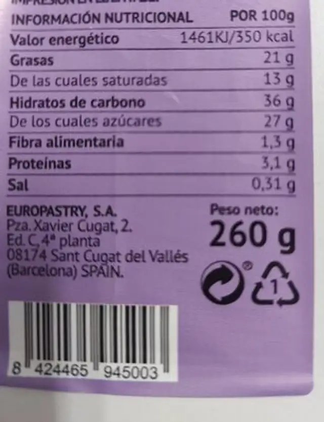 Tarta tres caprichos nutrition facts table