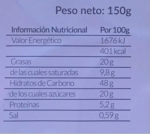 Fartons nutrition facts table