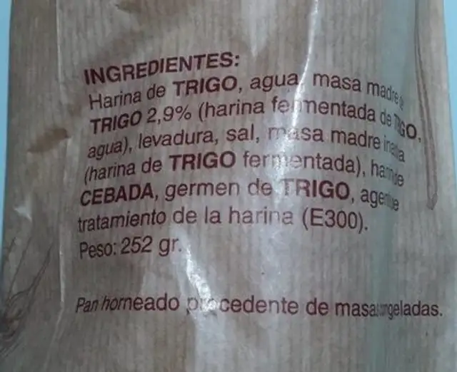Pan rústica nutrition facts table