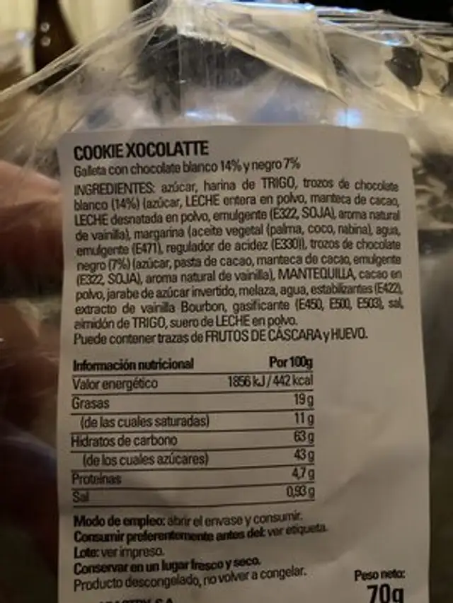 Cookie xocolatte ingredients label
