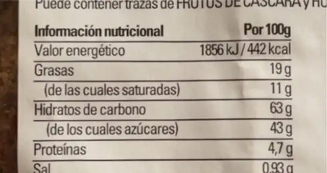 Cookie xocolatte nutrition facts table