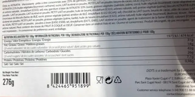 DOTS KitKat nutrition facts table
