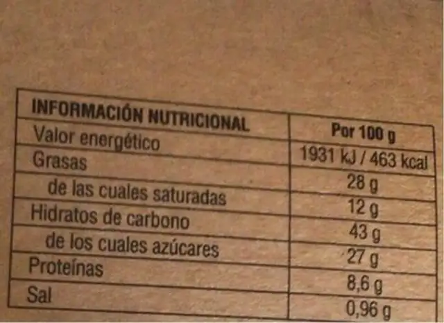 Berlidots bombón nutrition facts table