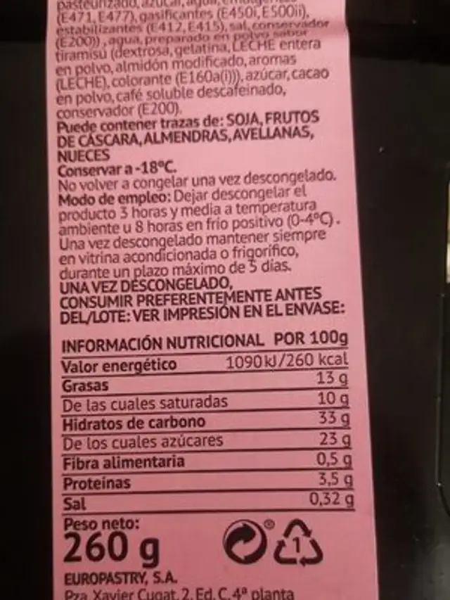 Tarta de tiramisu nutrition facts table