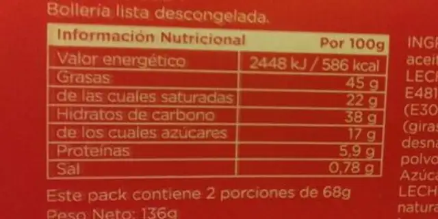 Dots rellenos nutrition facts table