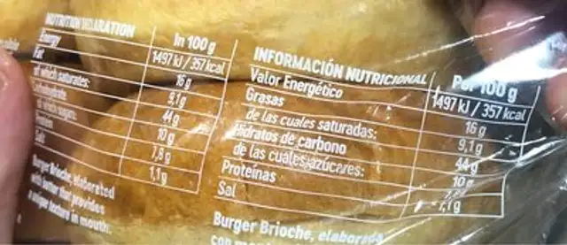 Burguer Brioche nutrition facts table