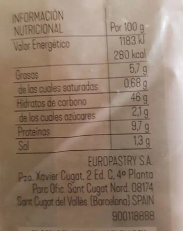 Pan de molde semillas y cereales nutrition facts table