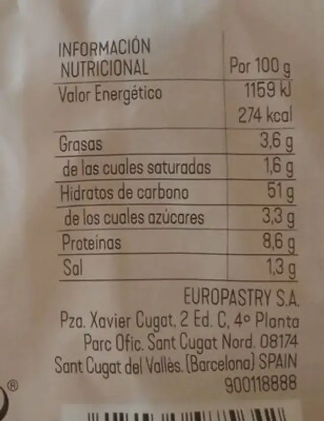 Pan de molde blanco nutrition facts table
