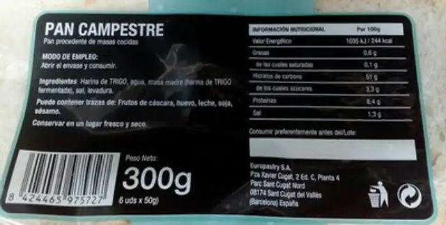 Pan campestre nutrition facts table