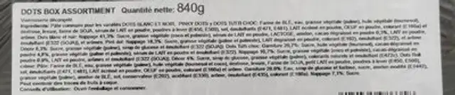 Dots box assortiment ingredients label
