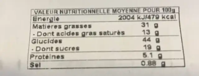 Dots chocolat nutrition facts table