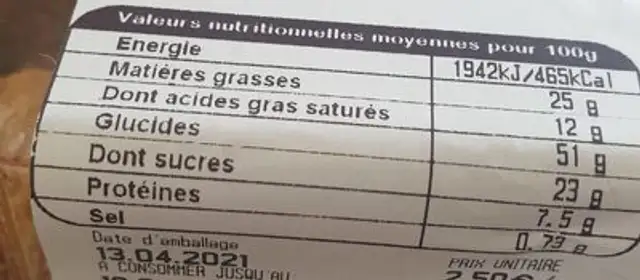Mini fripons chocolat nutrition facts table