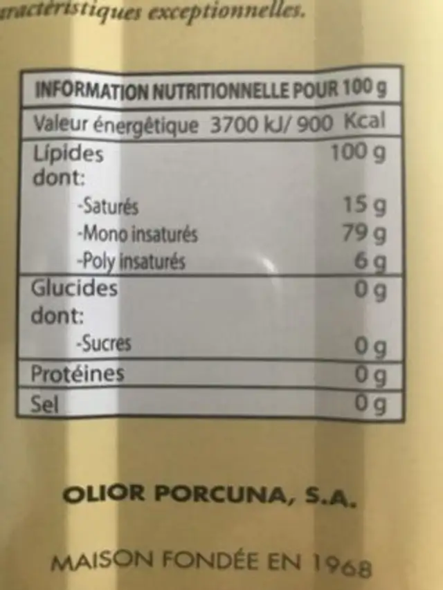 Huile d'olive ingredients label