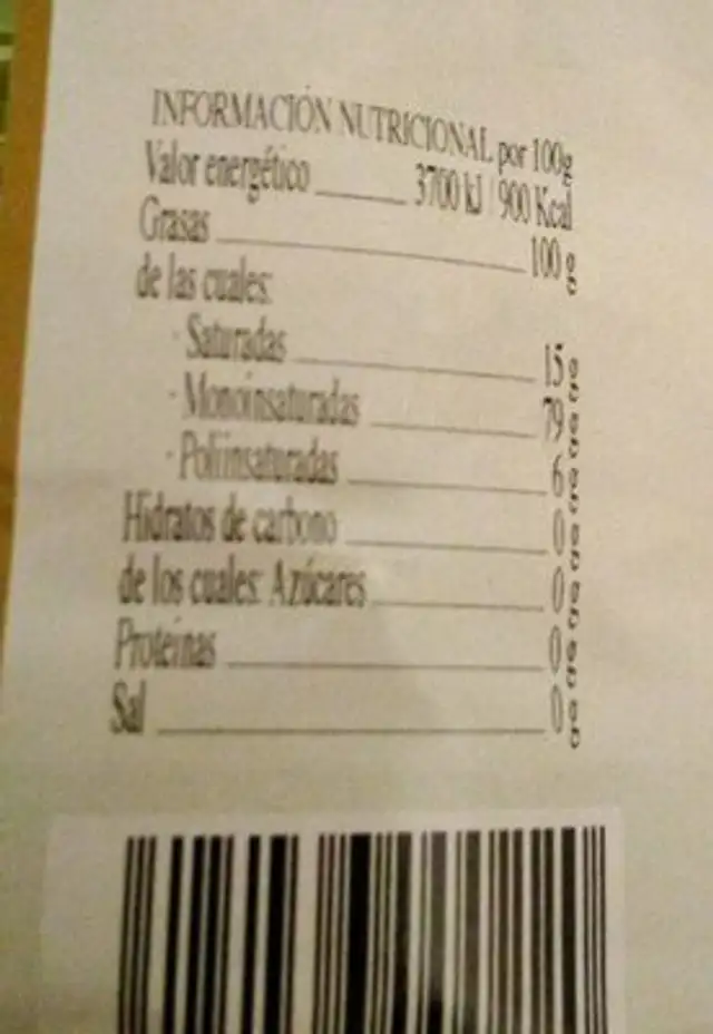 Aceite nutrition facts table