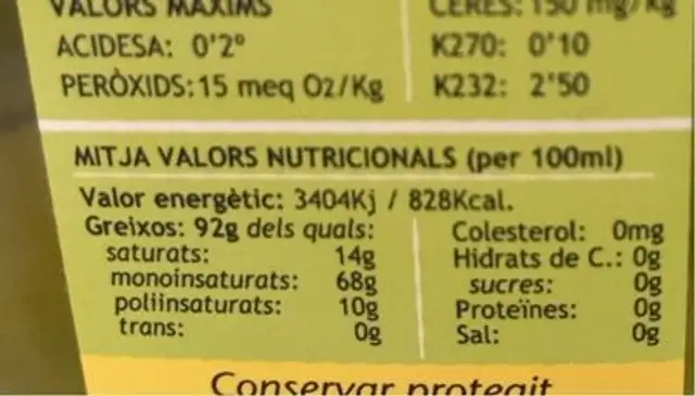 Oli d’oliva verge extre nutrition facts table