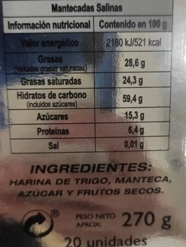 Mantecados Salinas nutrition facts table
