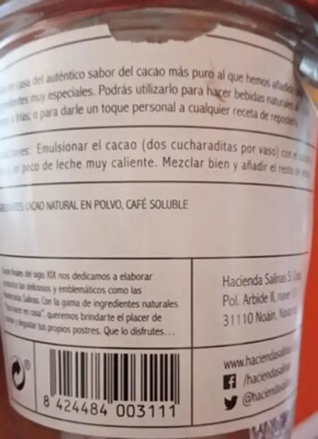 Cacao nutrition facts table