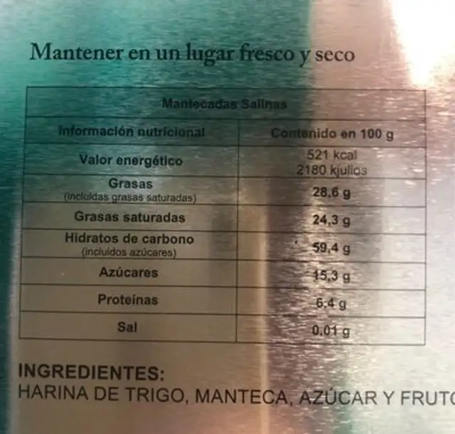 MANTECADAS SALINAS nutrition facts table