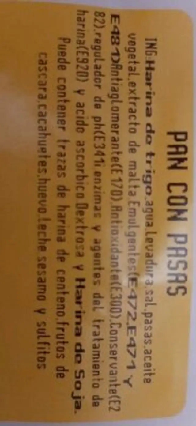 Pan con pasas nutrition facts table
