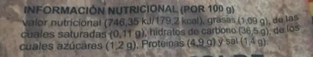 Pan de molde nutrition facts table