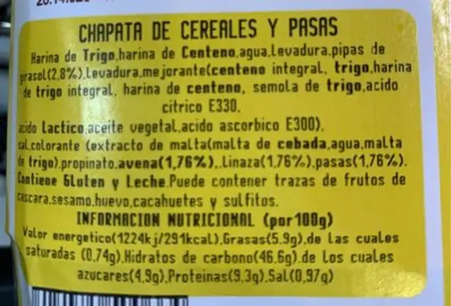 Chapata de cereales y pasas nutrition facts table
