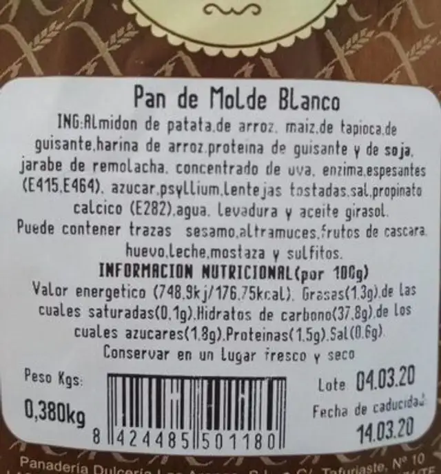 Pan de molde blanco nutrition facts table