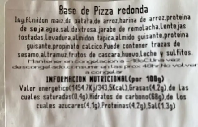 Base de pizza nutrition facts table