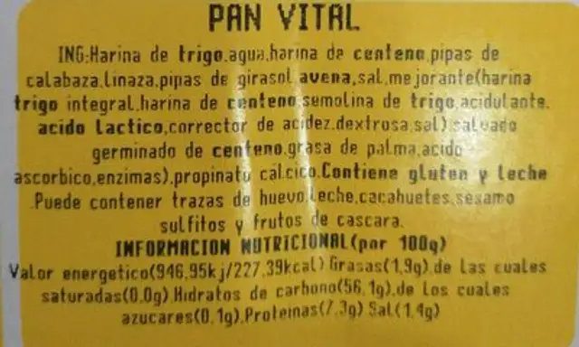 pan vital nutrition facts table