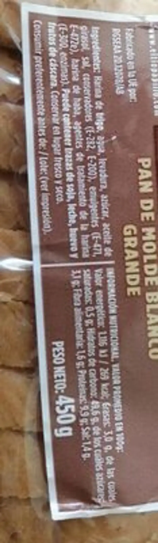Pan de molde nutrition facts table