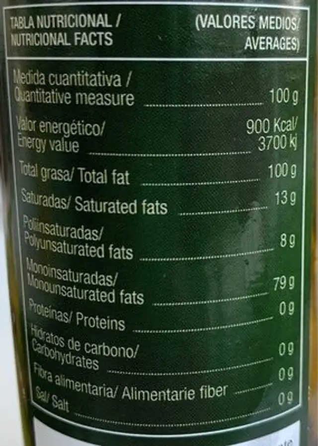 Aceite de oliva virgen extra nutrition facts table