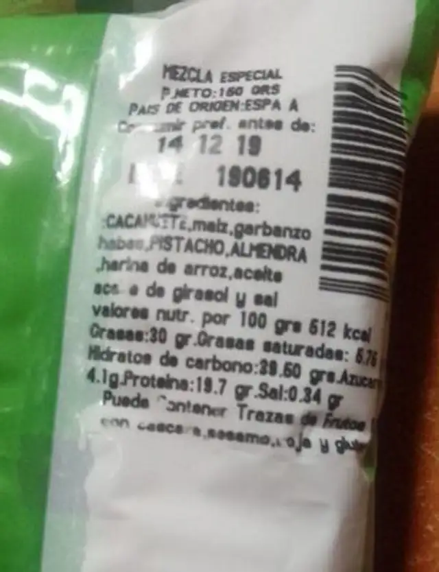 Frutos Secos Pipo nutrition facts table