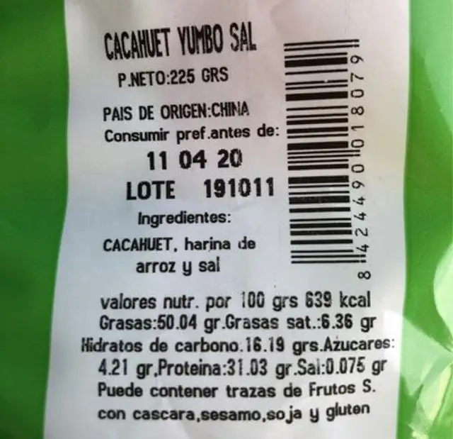 Cacahuetes Yumbo sal nutrition facts table