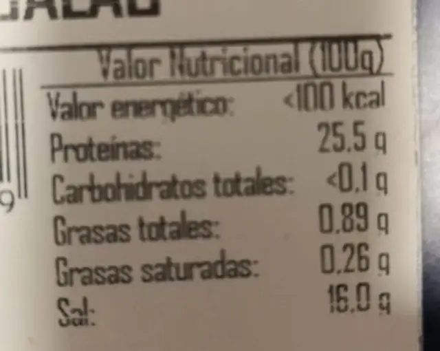 Palitos de Bacalao nutrition facts table