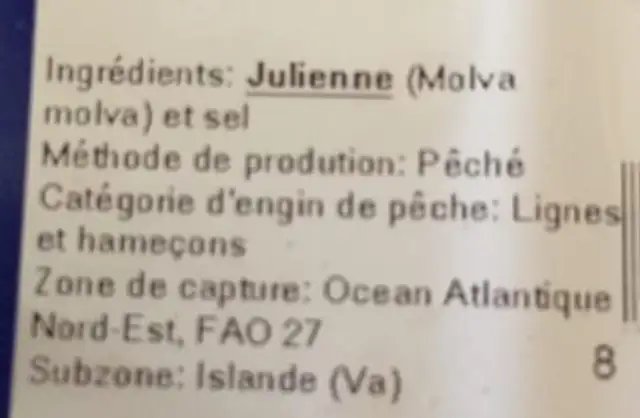 Miettes de julienne salée ingredients label