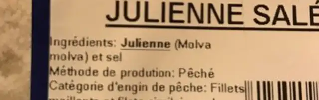 Julienne salée séchée ingredients label