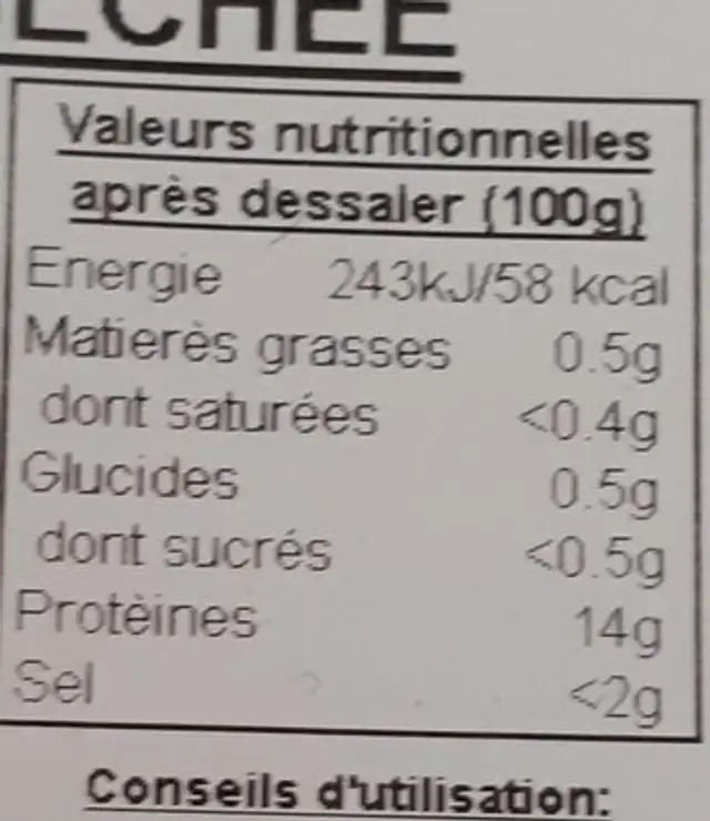 Julienne salée séchée nutrition facts table