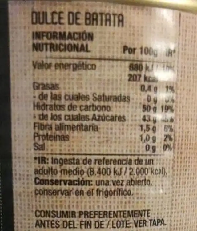 Dulce de batata nutrition facts table