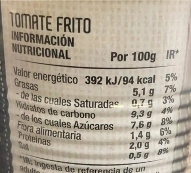 Tomate frito nutrition facts table
