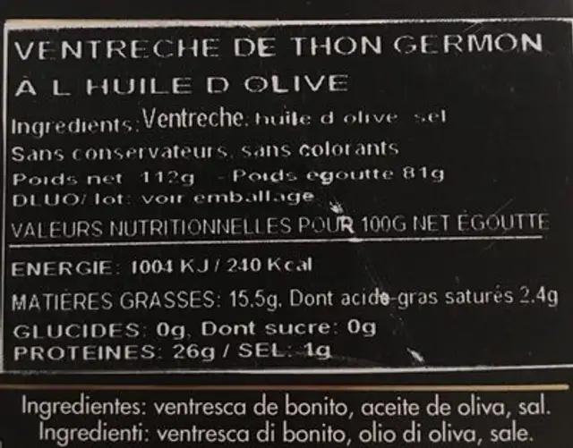 Ventresca de bonito del norte en aceite de olivia ingredients label