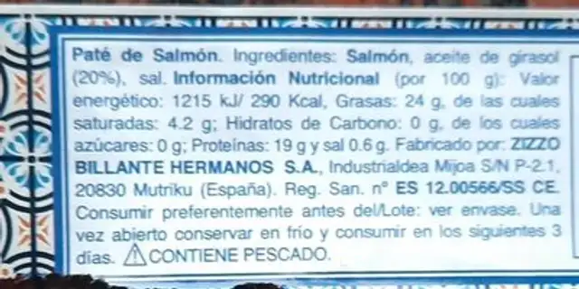 Paté extra salmon nutrition facts table