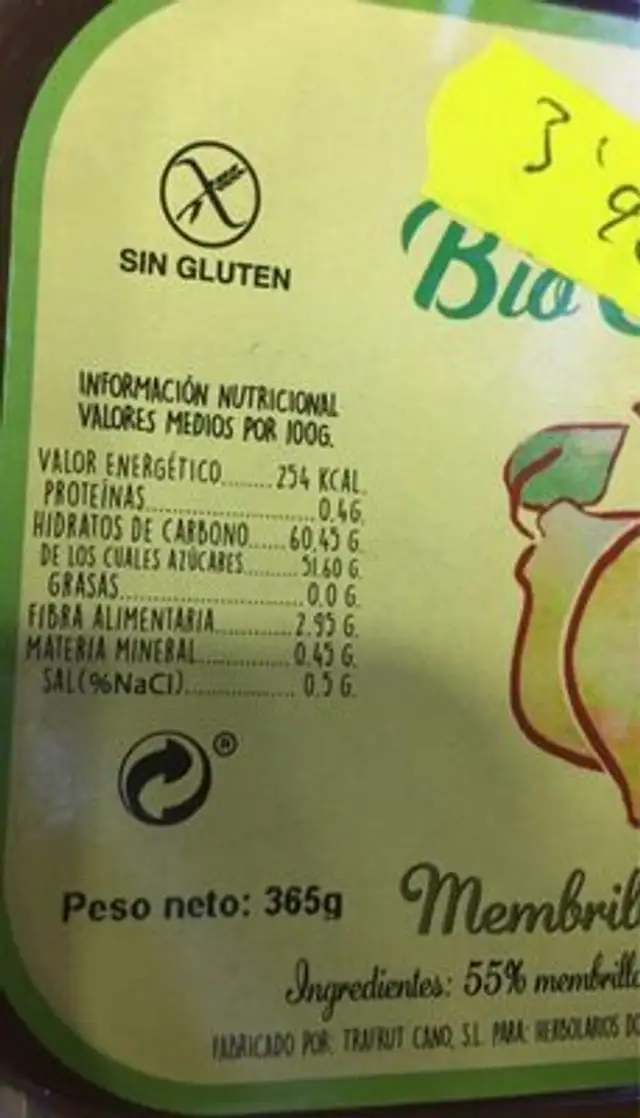 Membrillo ecologico nutrition facts table