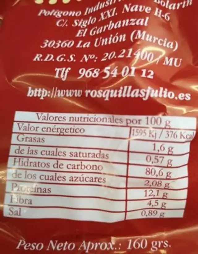 Rosquillas de pan naturales nutrition facts table