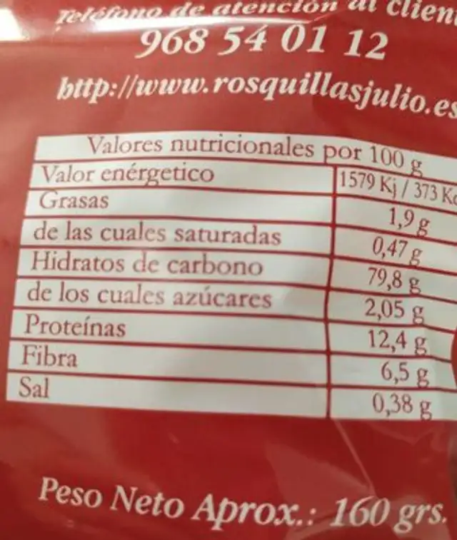 Rosquillas integrales naturales nutrition facts table