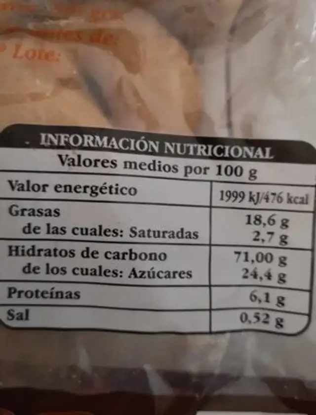 Rollos de naranja nutrition facts table
