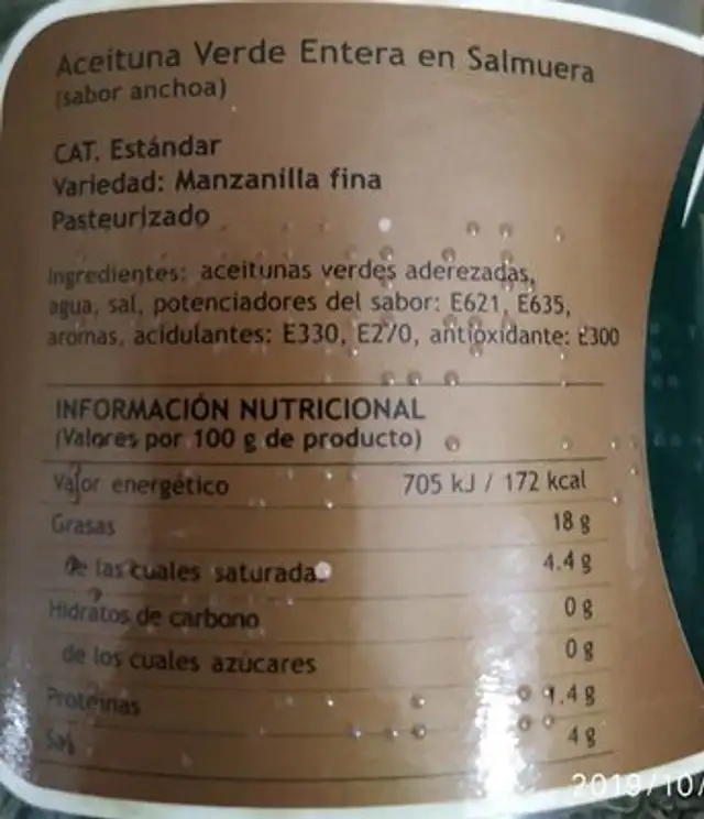 Aceitunas Verdes Enteras nutrition facts table