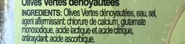 Olives vertes dénoyautées ingredients label