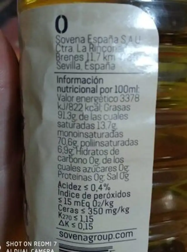 Aceite de oliva nutrition facts table